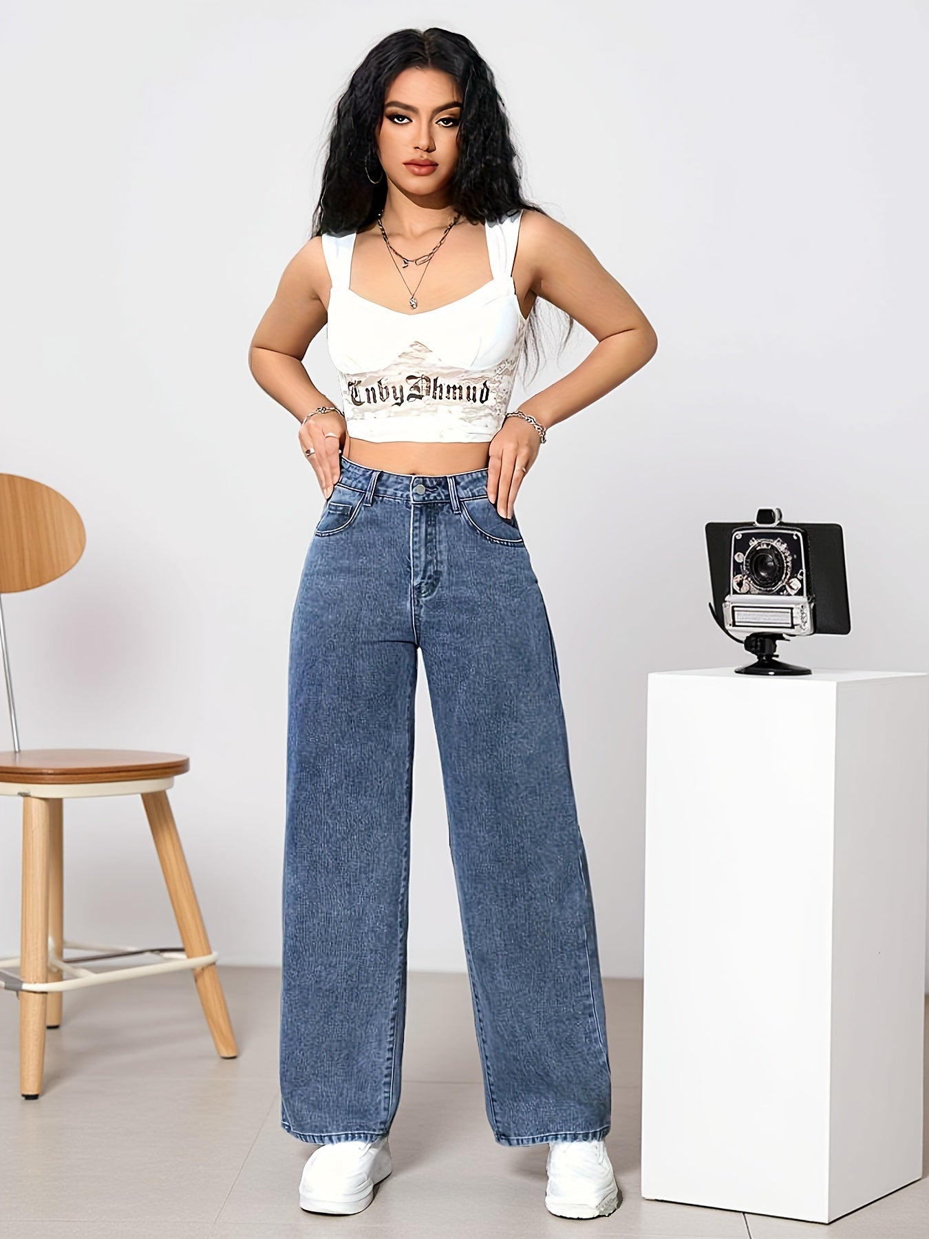 Jeans Femme Bleu Foncé Effet Snowflake Jambe Droite Large Non Extensible Zippé Toute Saison Décontracté et Formel