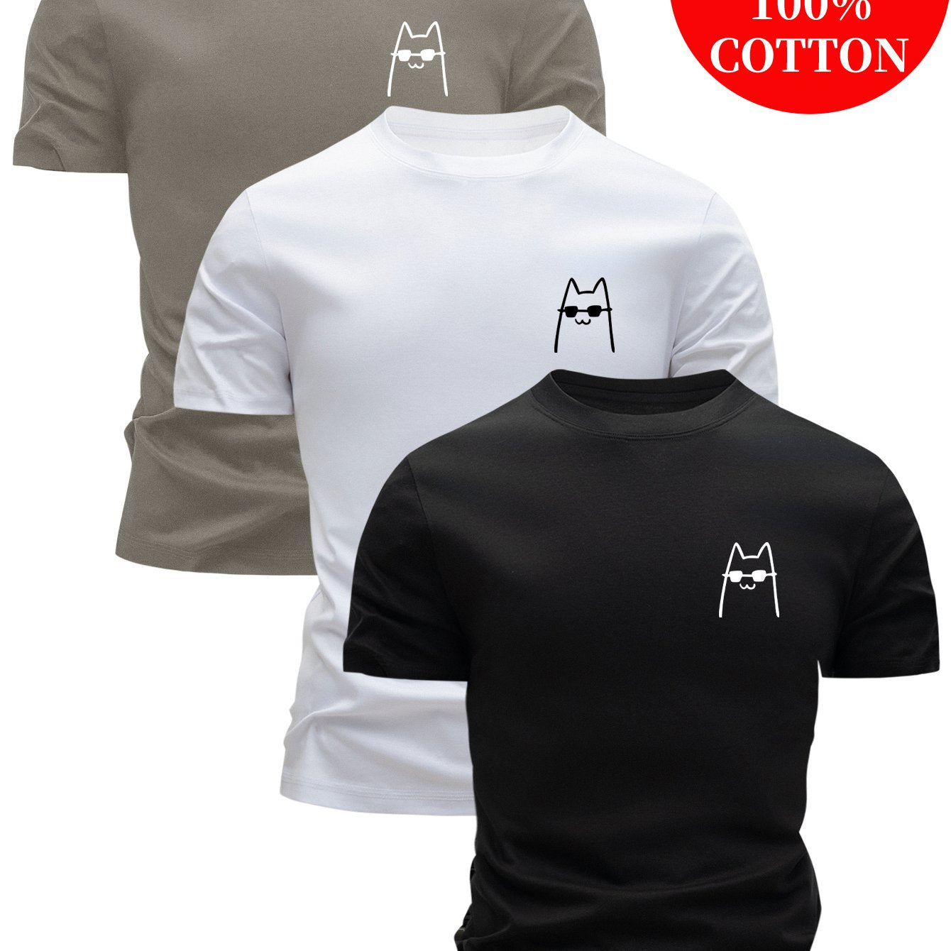 3pcs 100% Cotton T-Shirts, Funny Summer Casual Top for Men with Cartoon Cat Design, Leisure Clothing, Relaxed Fit, Cartoon Print, Playful Design, Cotton Fabric, Comfortable Fit, Short Sleeve Tee, Fitted Shirt, Casual Wearers,
