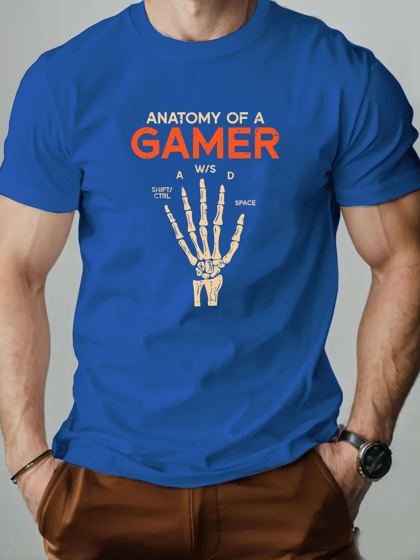 Men's Anatomy of a Gamer Graphic T-Shirt - Black Casual Short Sleeve Summer Tee with Skeleton Hand & Gaming Controls Design, Lightweight Round Neck Regular Fit for Adult Gamers, Gaming Shirt