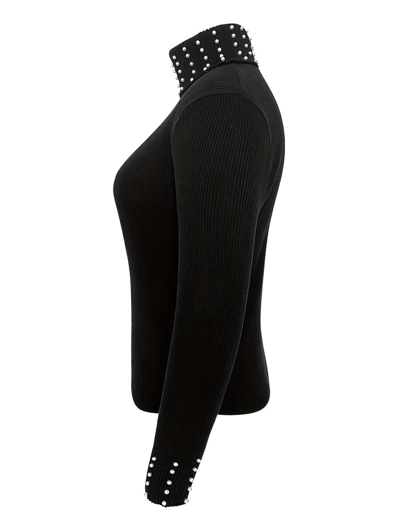 Pull-over élégant pour femmes grande taille, col haut orné de perles, noir extensible, lavable en machine, incontournable chic toute saison