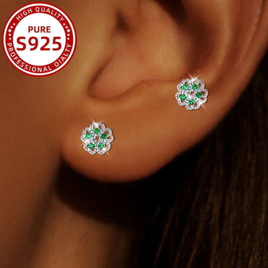 1 paire de boucles d’oreilles élégantes style français à fleur creuse avec zirconia synthétique vert – 1,1 g, argent sterling 925