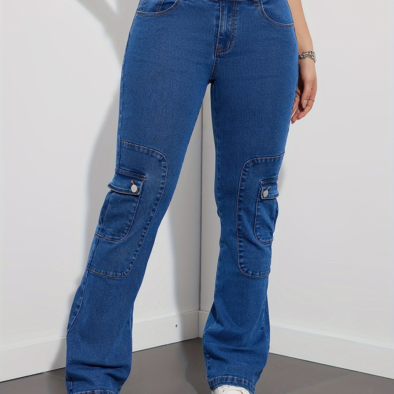 Jeans Femme Taille Mi-Haute Évasé Extensible Poches Rabat Décontracté Bootcut Denim Polyvalent