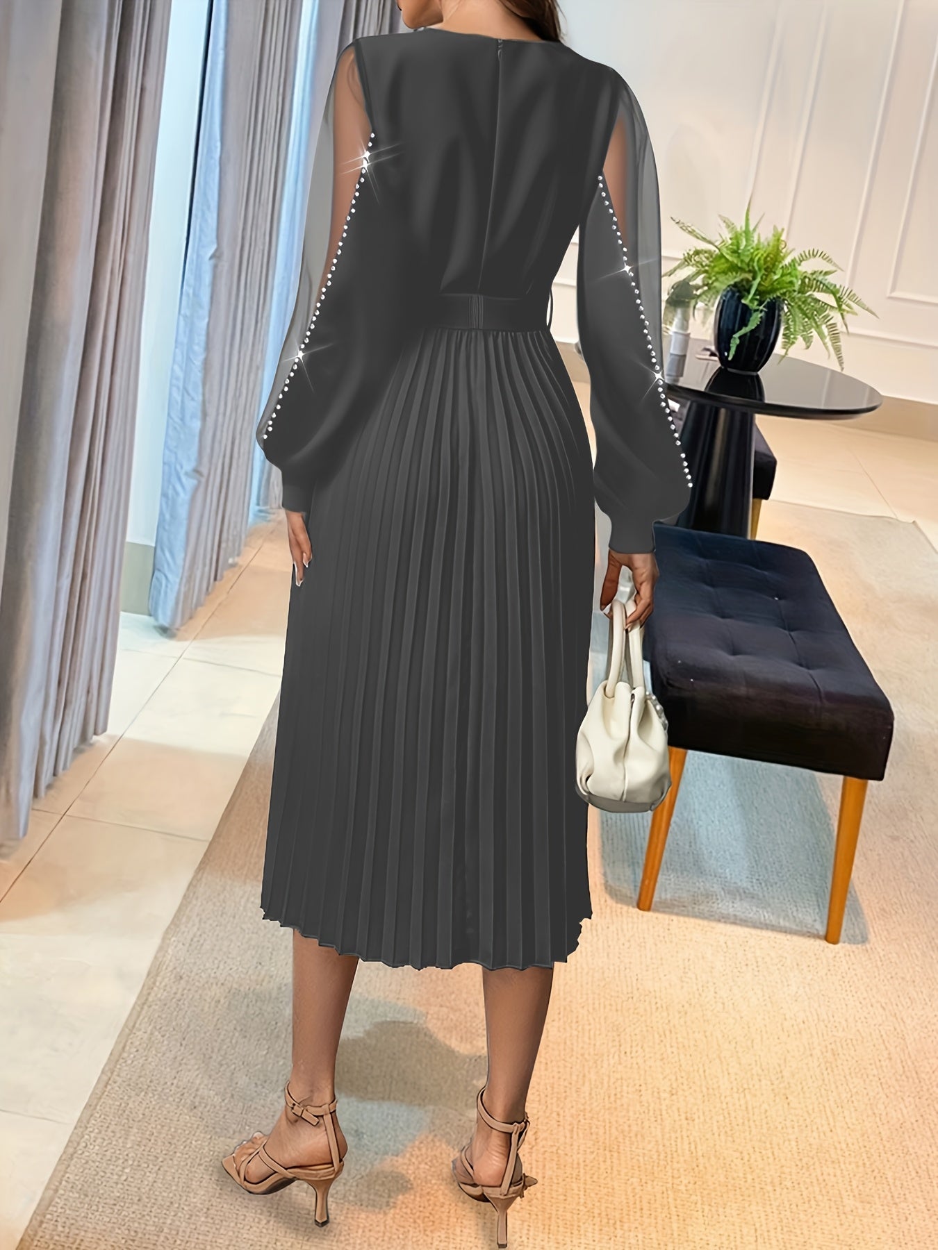 New Fashion Styles for The 2025 Holiday Season, Women'S Long-Sleeve Pleated Dress with Mesh Panels And a Belt Adorned with Rhinestones.