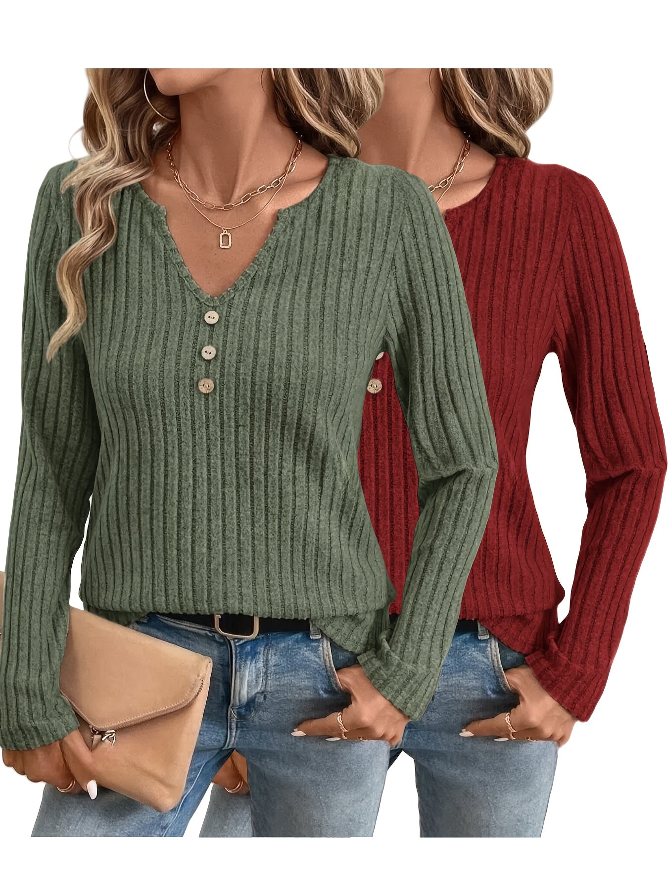 Ensemble 2 pièces pour femmes – T-shirts à manches longues, col en V, côtelé, couleur unie, automne