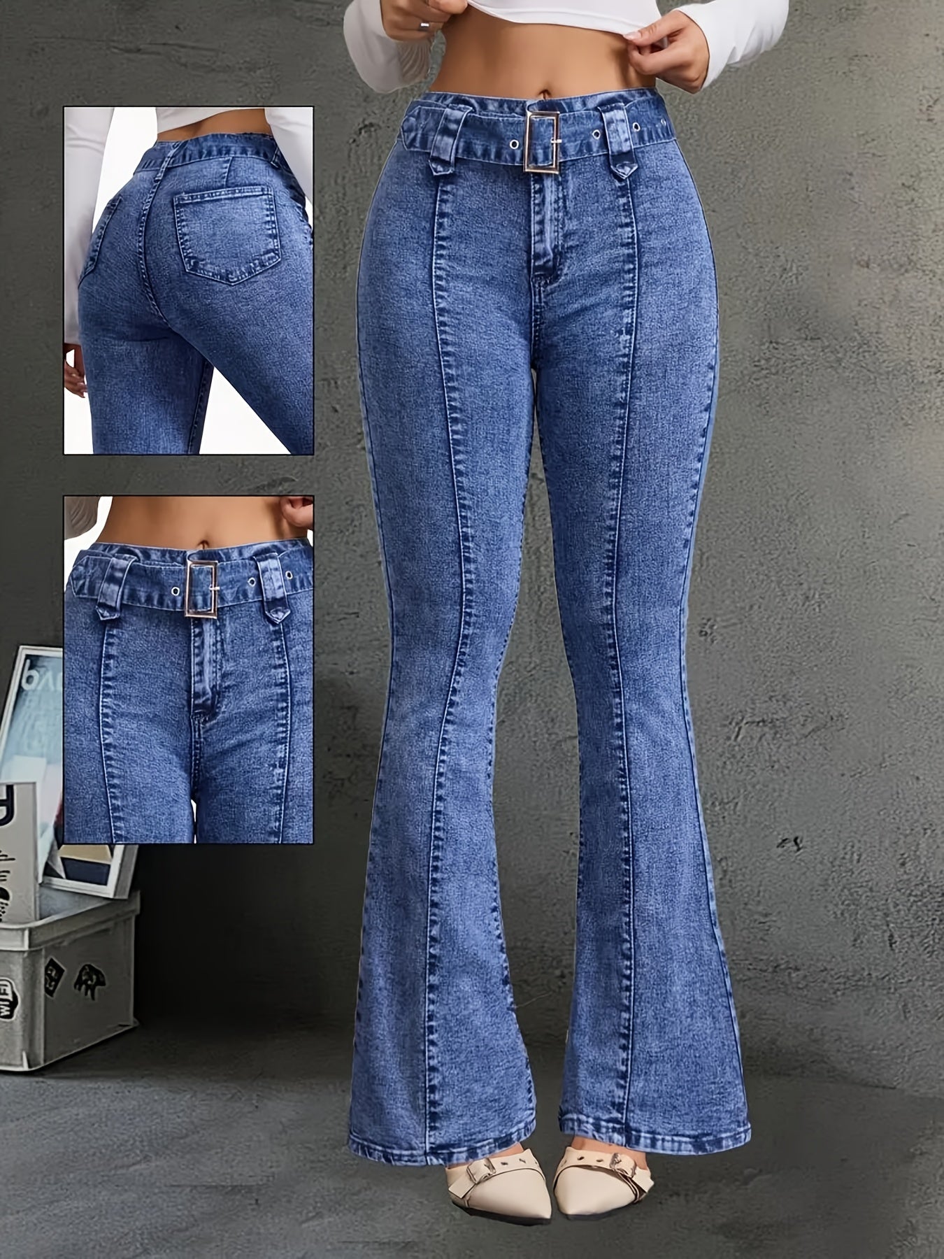 Jean Femme Taille Haute Évasé avec Ceinture – Denim Bleu Clair, Fermeture Zippée et Boutons, Poches, Confortable et Décontracté