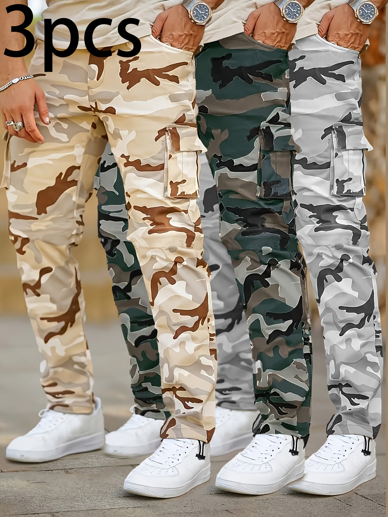 Pantalon cargo camouflage pour homme – poches à rabat, taille à cordon, couleurs vert/marron/beige/gris/noir/blanc, idéal chasse, militaire et tenue décontractée