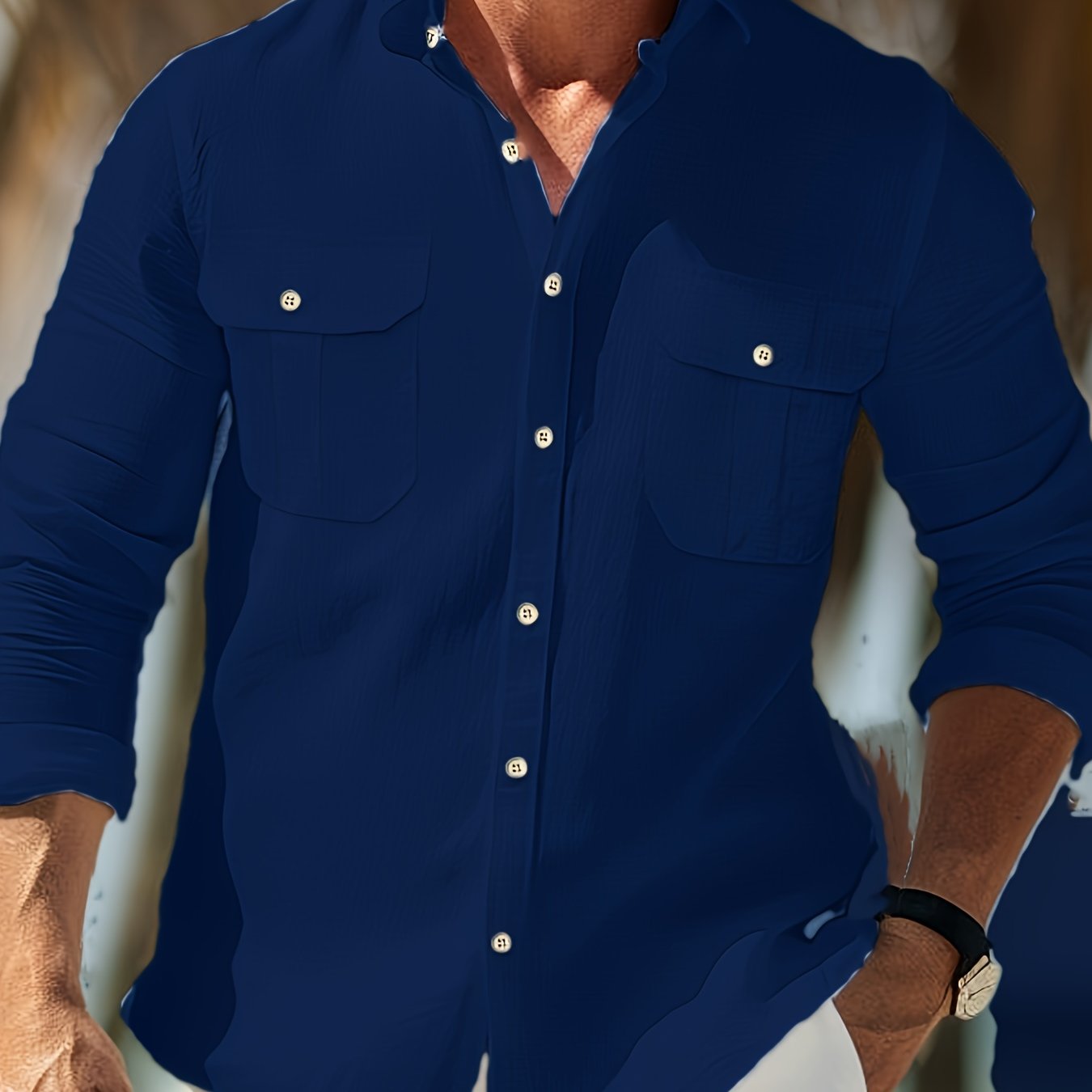 Men's Workwear Shirt with Chest Pockets & Button- Collar - Solid Color Long Sleeve Casual Button-Up for Spring/Fall, Regular Fit, Spring Fashion, Classic Design, Office Professionals, Fall Wardrobe, Timeless Style, Breathable