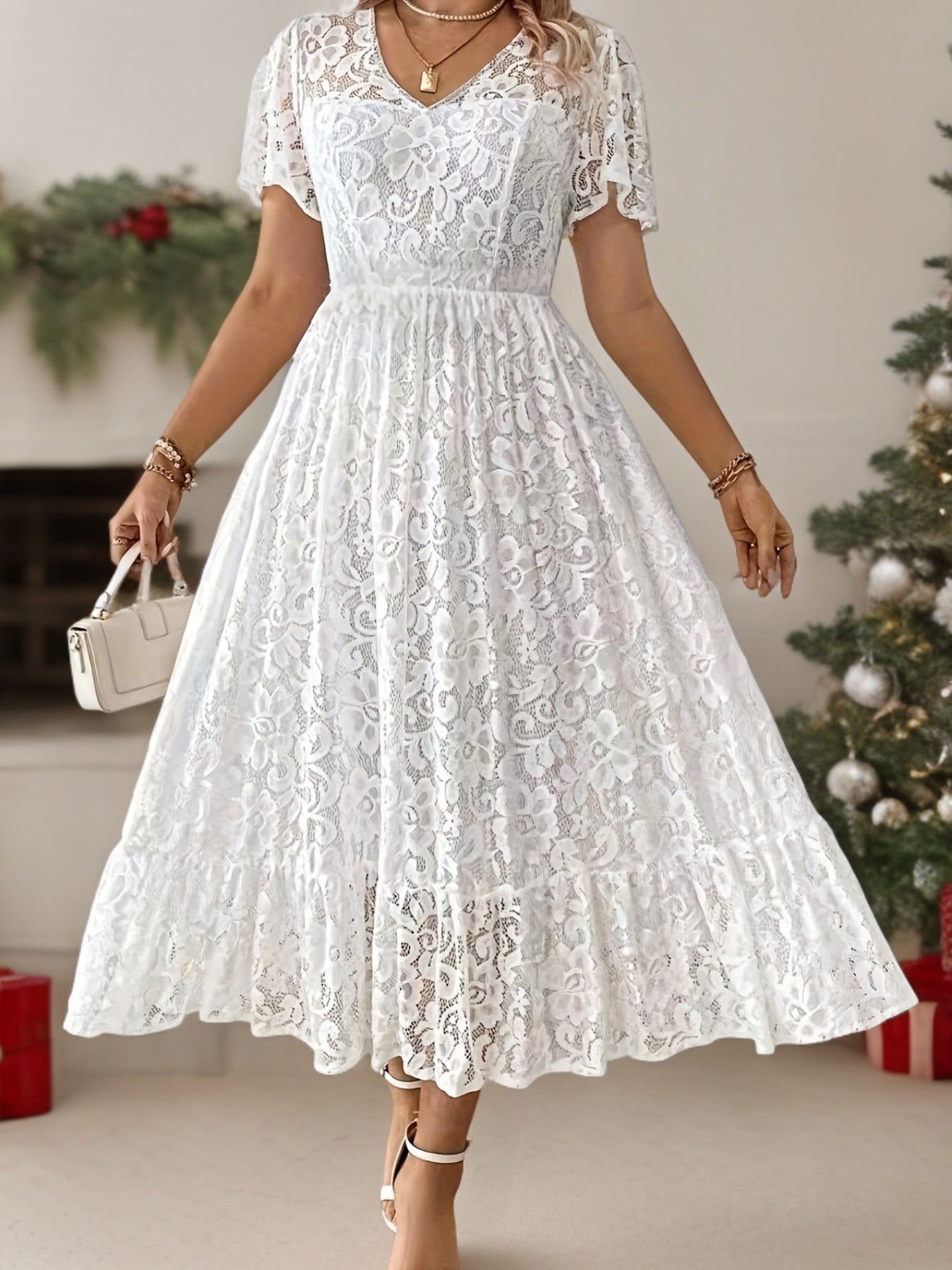 Robe Longue Grande Taille Élégante – Col Dentelle, Bas Smock, Couleur Unie Noire, Coupe A-Ligne, Idéale Soirées, Mariages et Événements Formels, Lavable en Machine