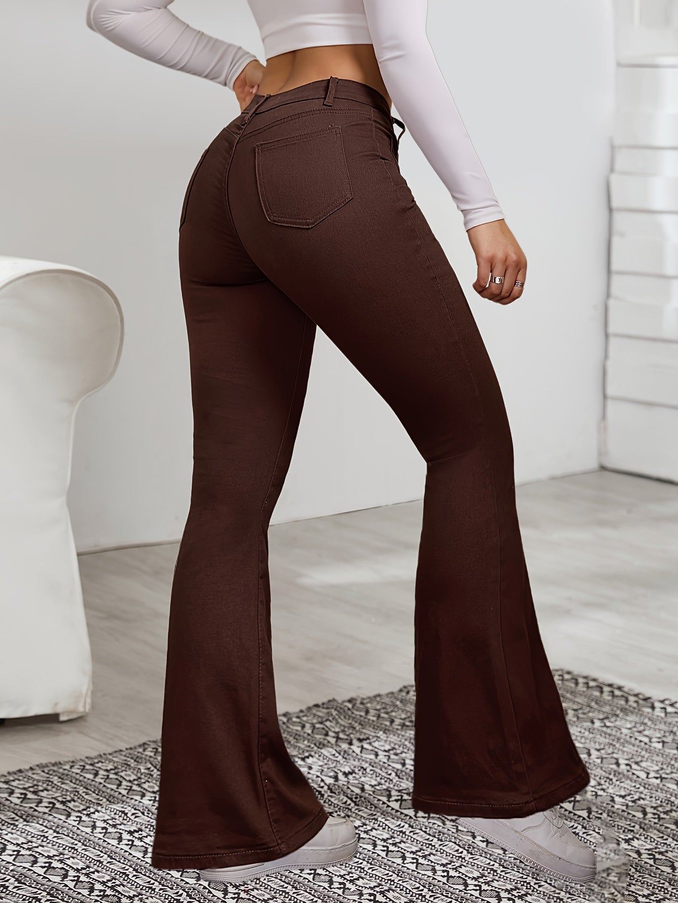 Jeans Femme Taille Haute – Évasé Café, Décontracté, Extensible, Boutons, Tous Saisons, Effet Usé