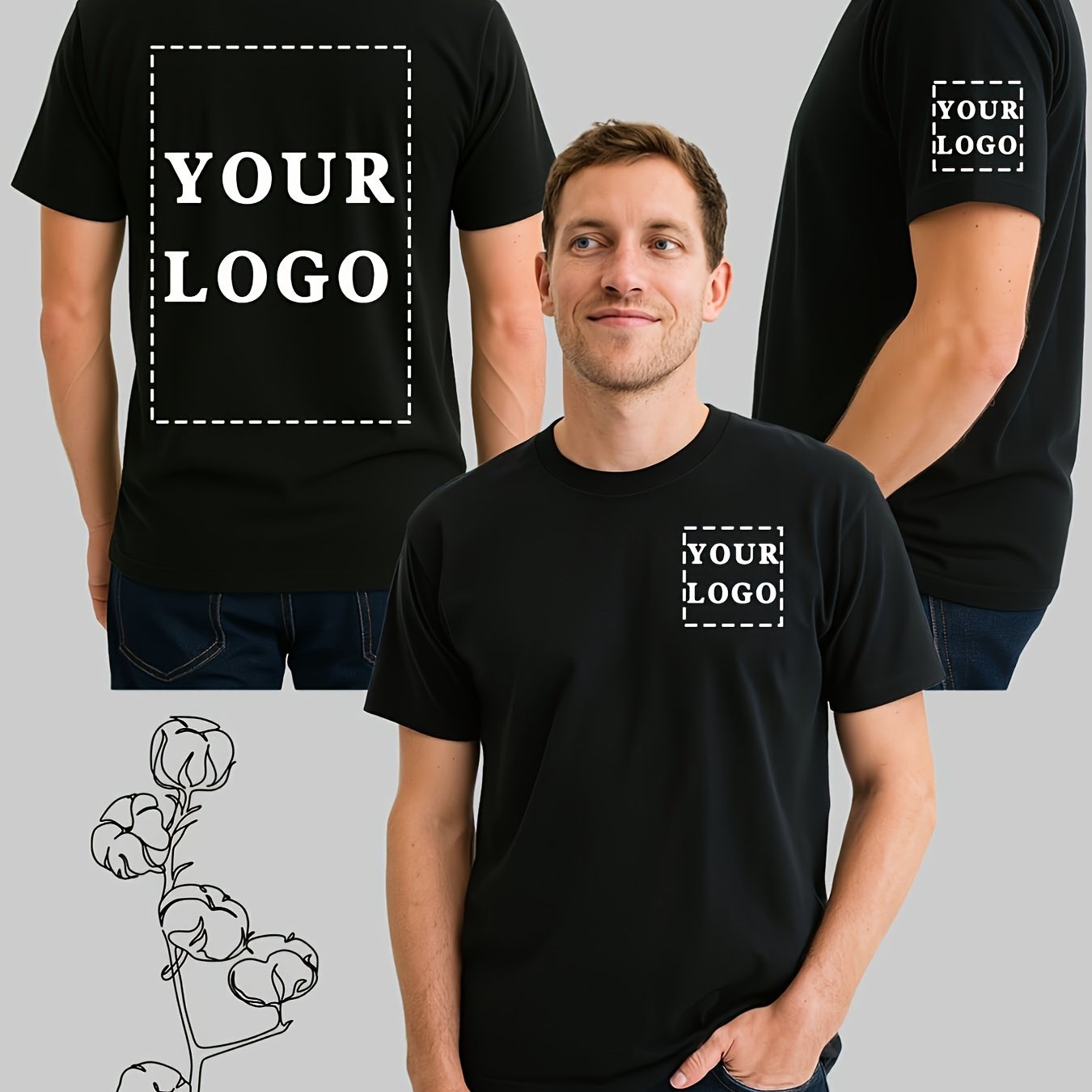 2pcs Men's 100% Cotton Custom T-Shirts 2-Sided Printing - Personalized Text/Logo/Photo Printing on Chest, Back & Sleeve - DIY Customizable Short Sleeve Round Neck Tees for Promotional Events, Team Uniforms, Casual Attire - Ma