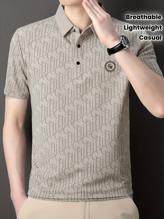 Men'S Breathable Summer Graphic T-Shirt - Short Sleeve, Button-Up Collar, Casual Streetwear with Stylish "H" Print Design, Lightweight Polyester Fabric for Golf, Tennis & Weekend Outing