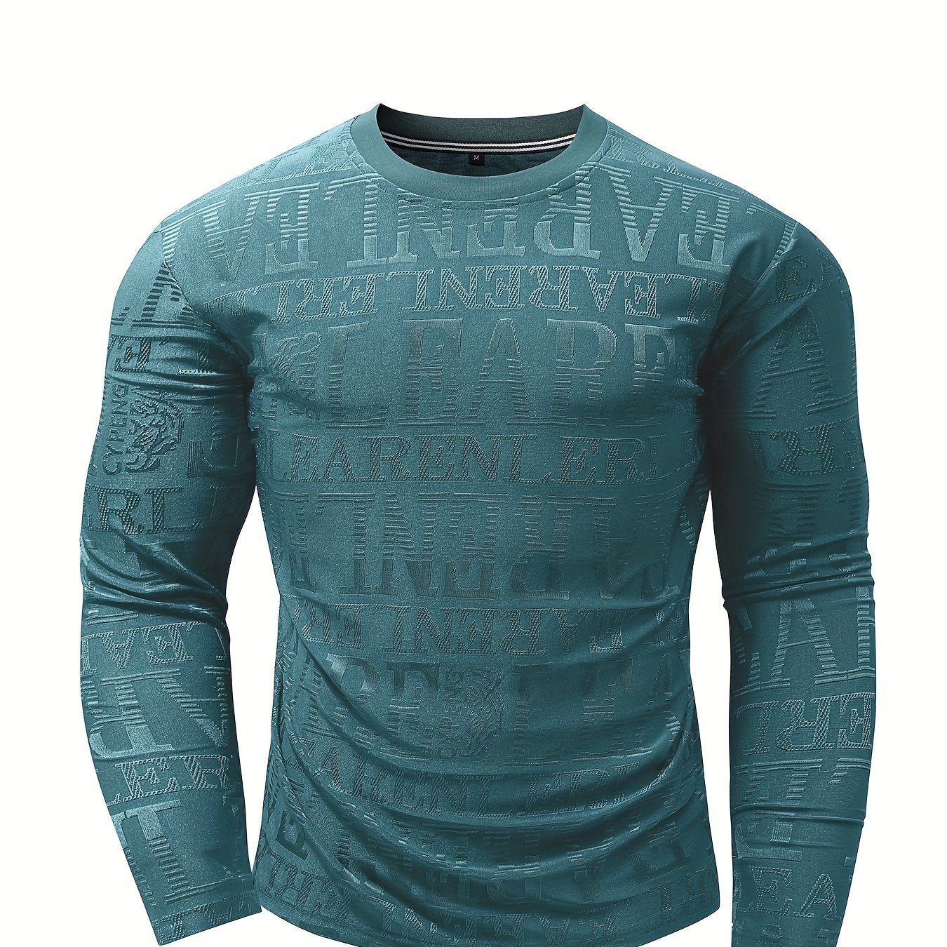 Men's Slim-Fit Casual Long Sleeve T-Shirt with Geometric Letter Design - Breathable Polyester, Machine Washable
