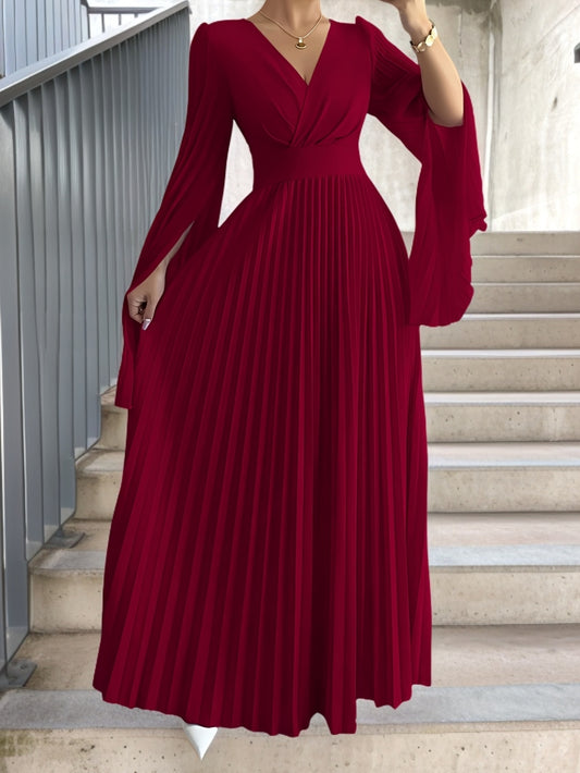 Robe Longue Grande Taille Élégante – Col V, Manches Longues Évasées, Coupe A-Ligne Flatteuse, Tissu Non Extensible, Idéale Soirées, Mariages et Galas