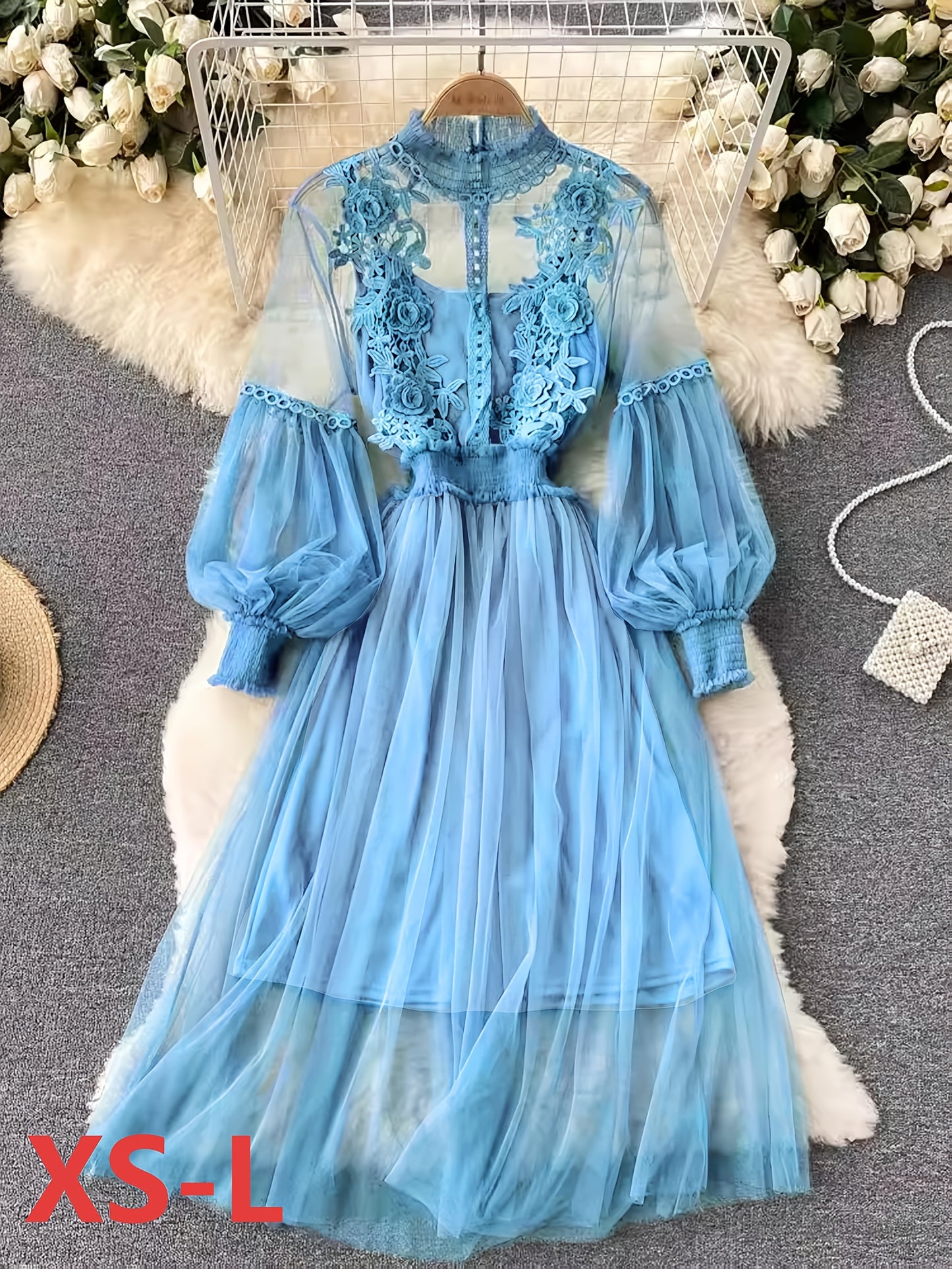 Ensemble Robe Élégante Femme – Blouse Transparente Brodée Florale avec Manches Lanternes, Jupe Longue Fluide, Débardeur en Dentelle, Idéal Printemps/Été/Automne, Cadeau Luxueux pour Femme