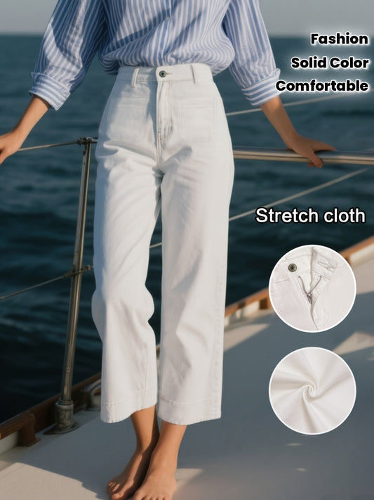 Pantalon Femme Extensible Large Court Denim Couleur Unie Confortable Polyvalent Voyage Shopping Rendez-vous Bureau Classique Toute Saison Blanc Effet Usé