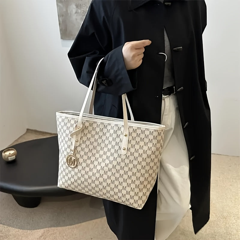 Sac à Main Femme Élégant– Sac Cabas avec Bandoulière Chaîne Dorée et Logo « M », Cuir Synthétique, Motif Pied-de-Poule en Marron Clair/Blanc/Noir, Fermeture Éclair, Doublure en Polyester