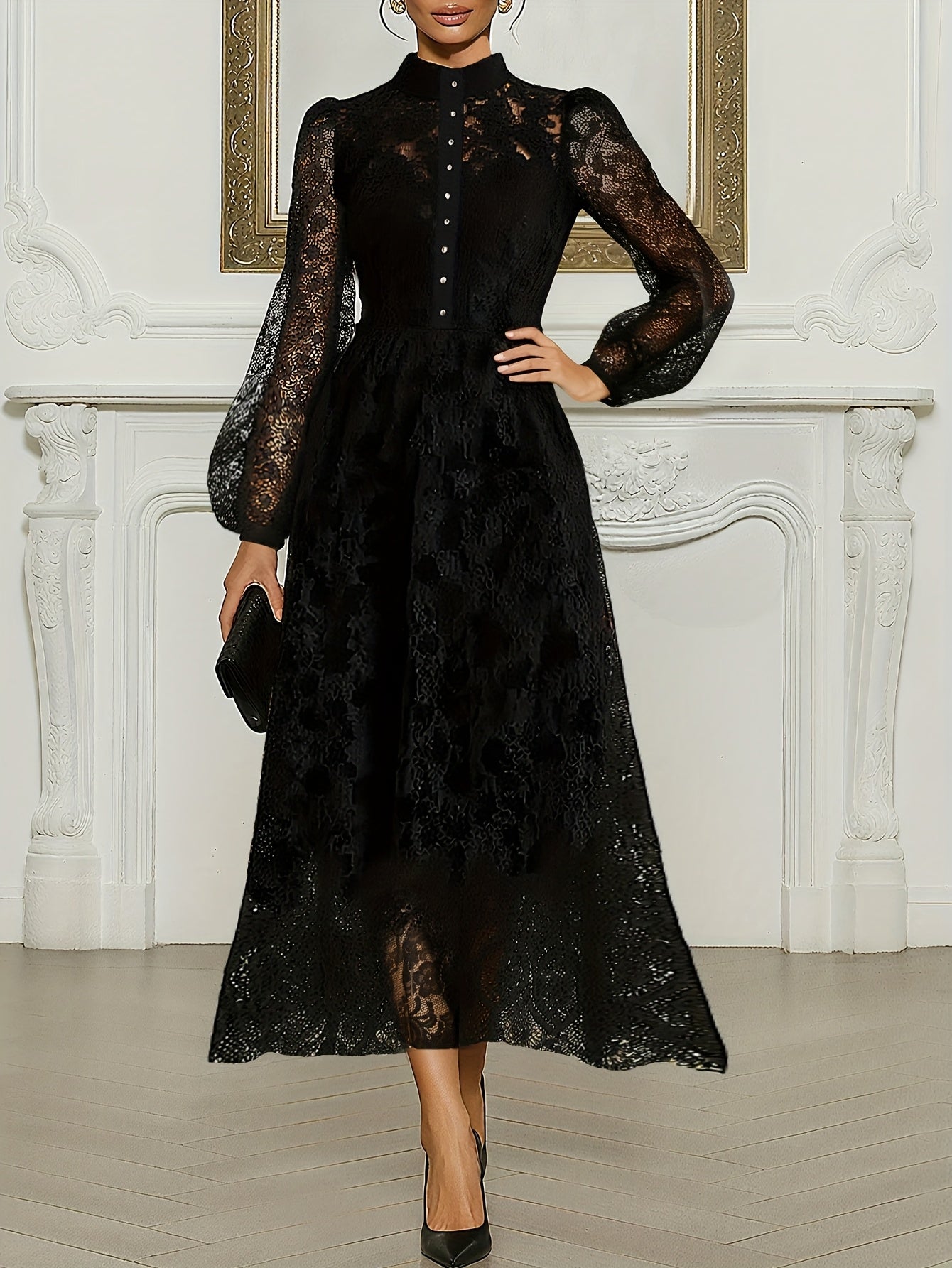 Elegant Women'S Long-Sleeve Lace-Trimmed Crew Neck Dress | Spring/Fall Season, Non-Stretch, A-Line Pendulum Style with Zipper Detail