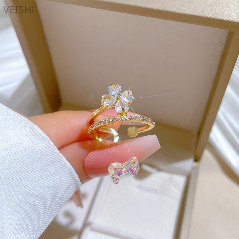 ' Lucky Flower Adjustable Open Ring - Japanese-Style Lucky Couple Ring Suitable for Daily Wear, Parties & Christmas Gifts - Minimalist Flower Motif, Year-Round Elegant for Luck & Positivity