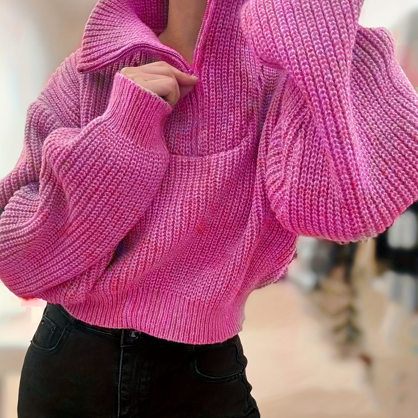 Pull court femme automne-hiver à demi-zip et manches lanterne – Pull côtelé élégant, coupe slim, tissu stretch mi-épais, lavable en machine, style décontracté chic, détail côtelé plié