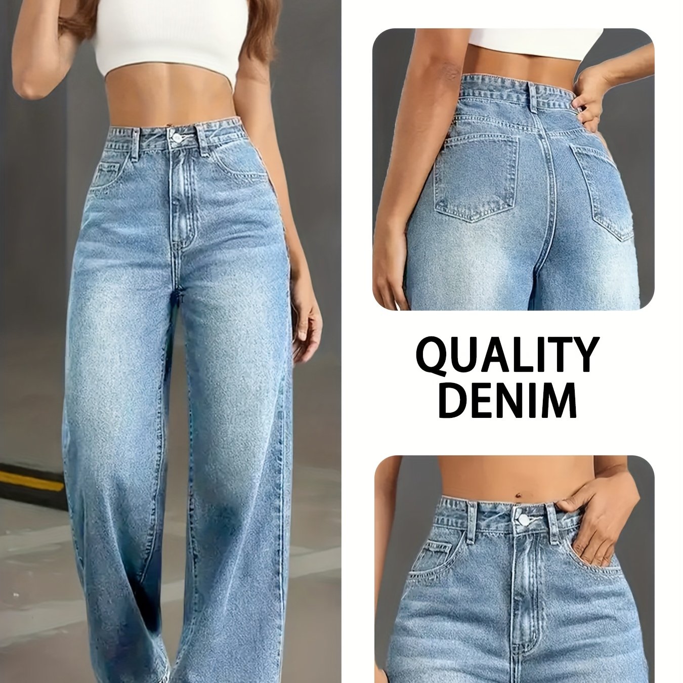 Jeans Femme Grande Taille Jambe Large Blanc Effet Usé Boutons Taille avec Poches Toute Saison Décontracté et Chic