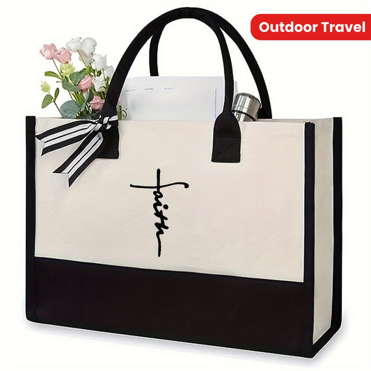 Sac Cabas « Faith » Grande Capacité – Toile Durable, Design Bicolore (Noir/Blanc), Intérieur Spacieux, Bandoulières Fixes, Idéal pour Shopping, Voyages et Cadeaux | Sac Noir Élégant | Poignées Solides