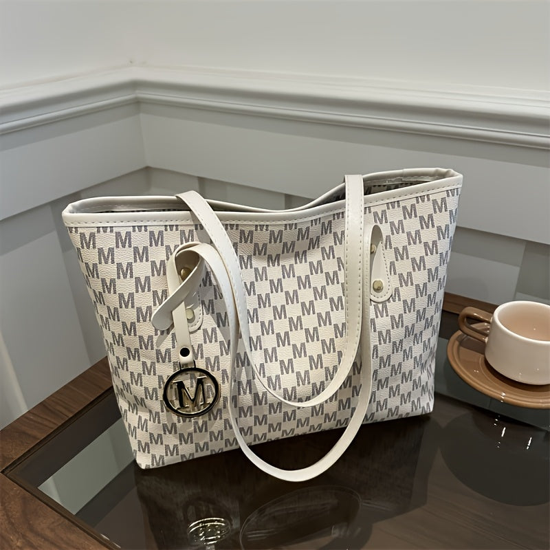 Sac à Main Femme Élégant en Cuir Synthétique à Motif Géométrique – Bandoulière Chaîne Dorée et Logo « M », Grande Capacité avec Multiples Compartiments, Fermeture Éclair, Convertible en Sac à Épaule pour Usage Quotidien, Accessoire Haut de Gamme