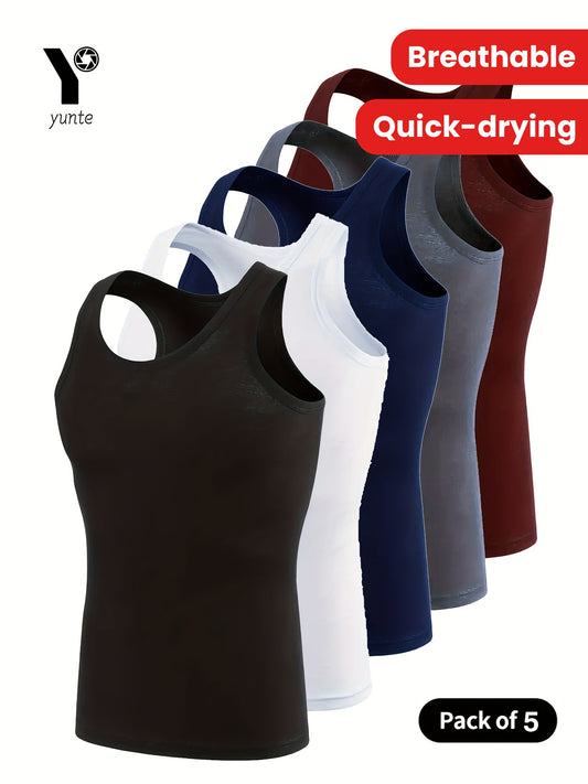 Lot de 5 débardeurs homme – polyester, col rond, couleur unie, respirants, séchage rapide, gym et casual, printemps/été/automne