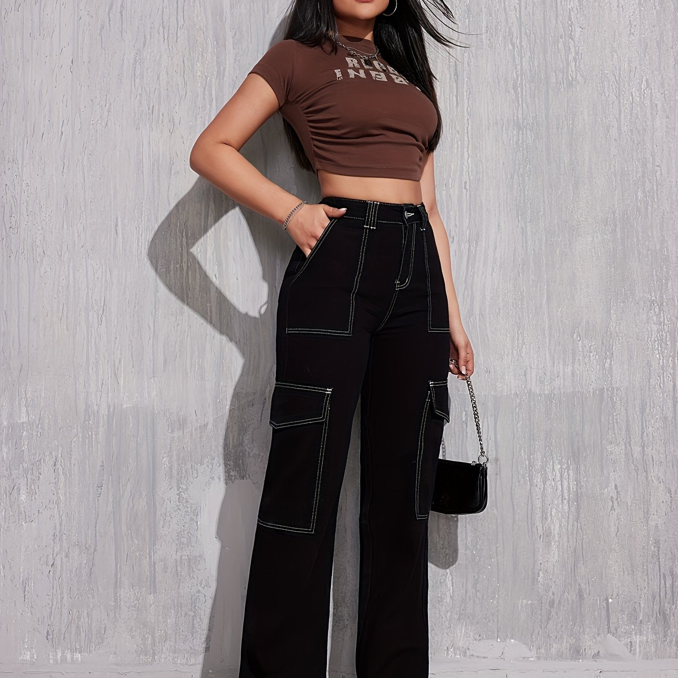 Jean cargo pour femmes - Pantalon de travail non extensible avec poches utilitaires, coupe droite ample, boutons, style décontracté et professionnel, toutes saisons