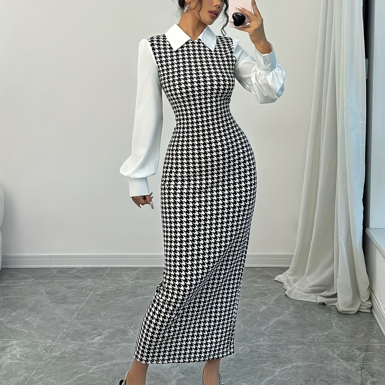 Ladies' Elegant Houndstooth Slim-Fit Lantern Sleeve Dress