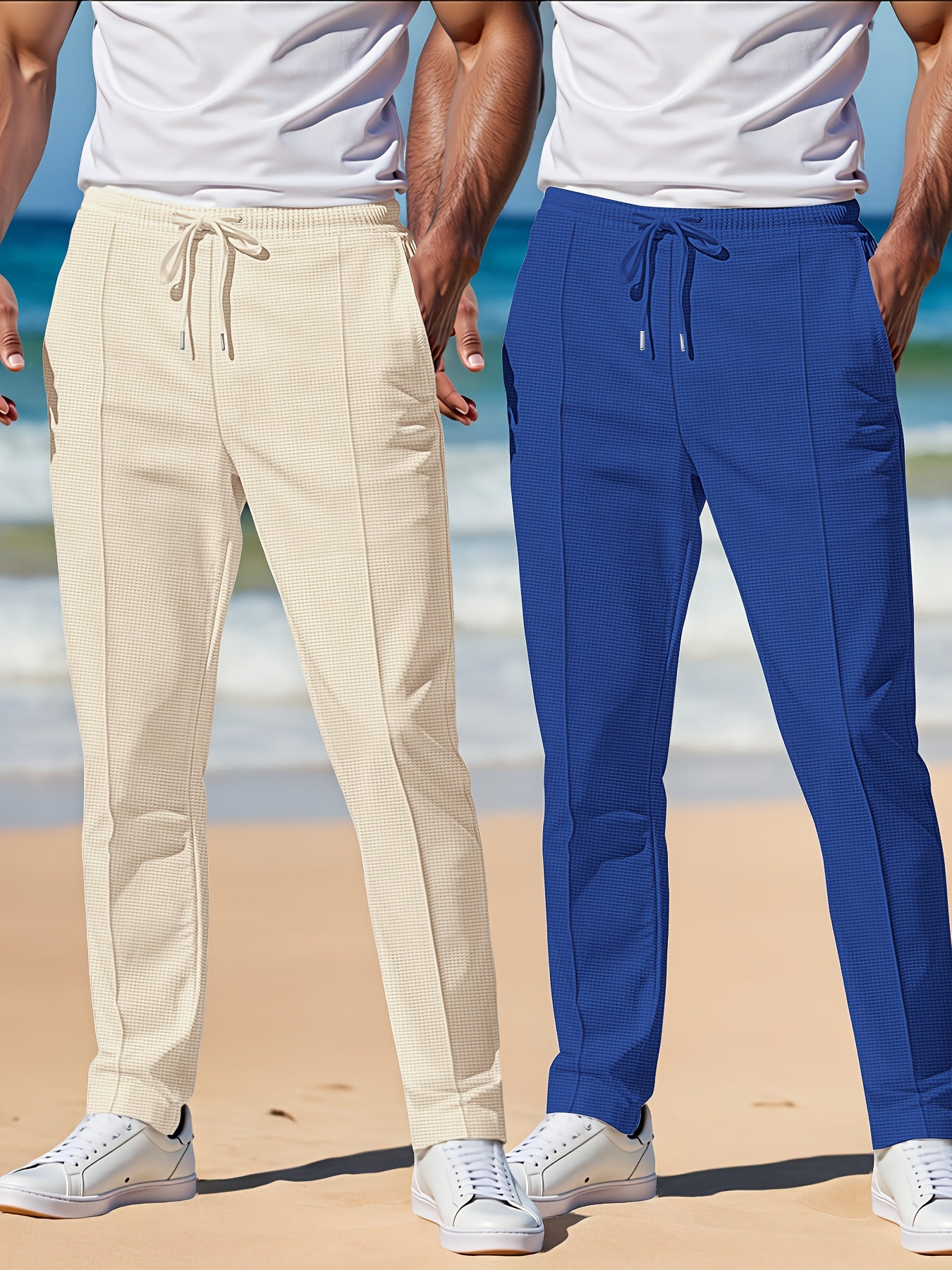 Joggers en tricot gaufré pour homme (2 pièces) – taille élastique avec cordon, pantalons légers et respirants, gris et bleu marine, idéals plage, running, extérieur et usage quotidien