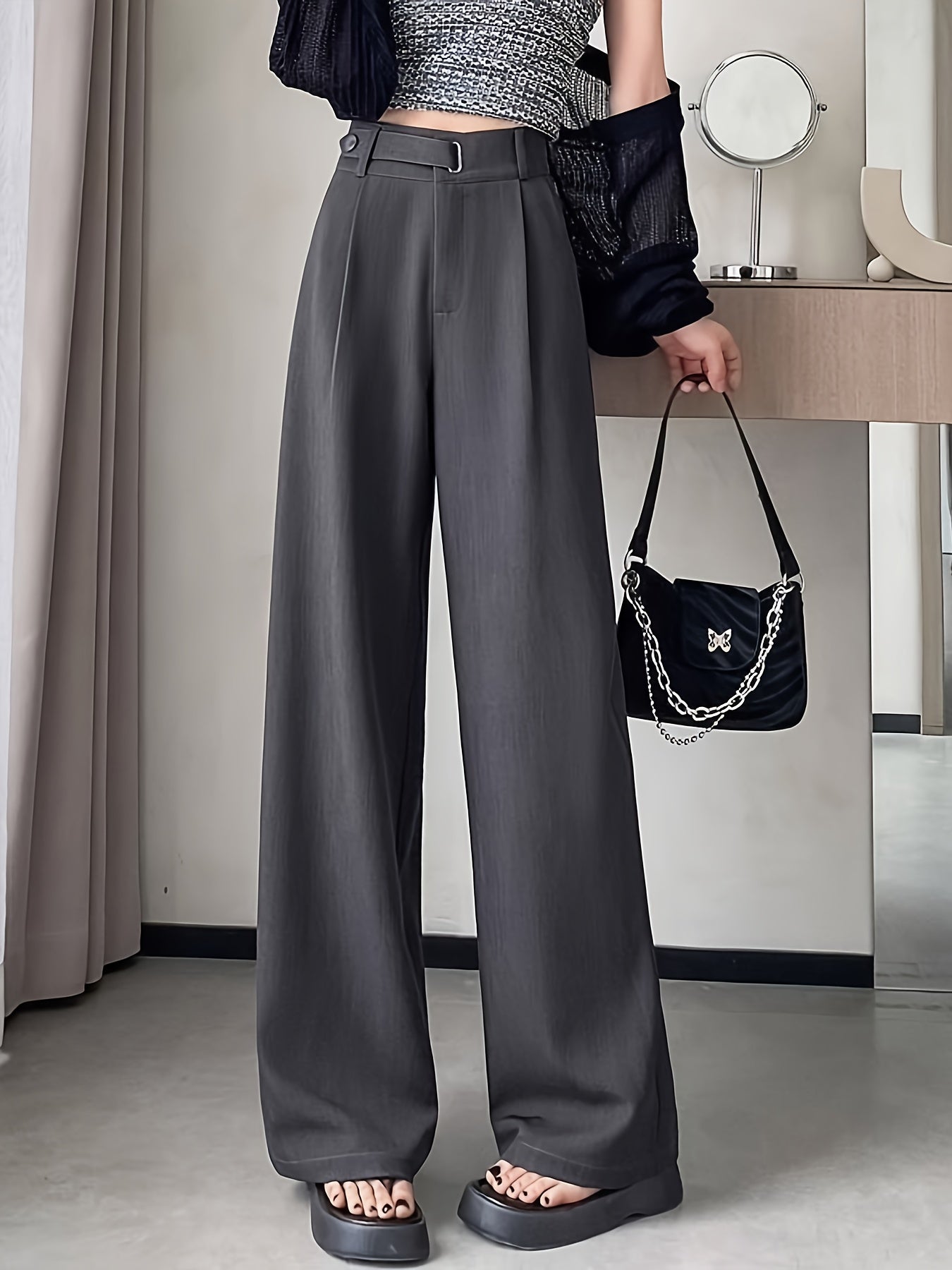 Pantalon Femme Noir 2025 – Costume Haut de Gamme, Taille Haute, Jambe Droite ou Large, Sans Ceinture, Printemps/Été/Automne