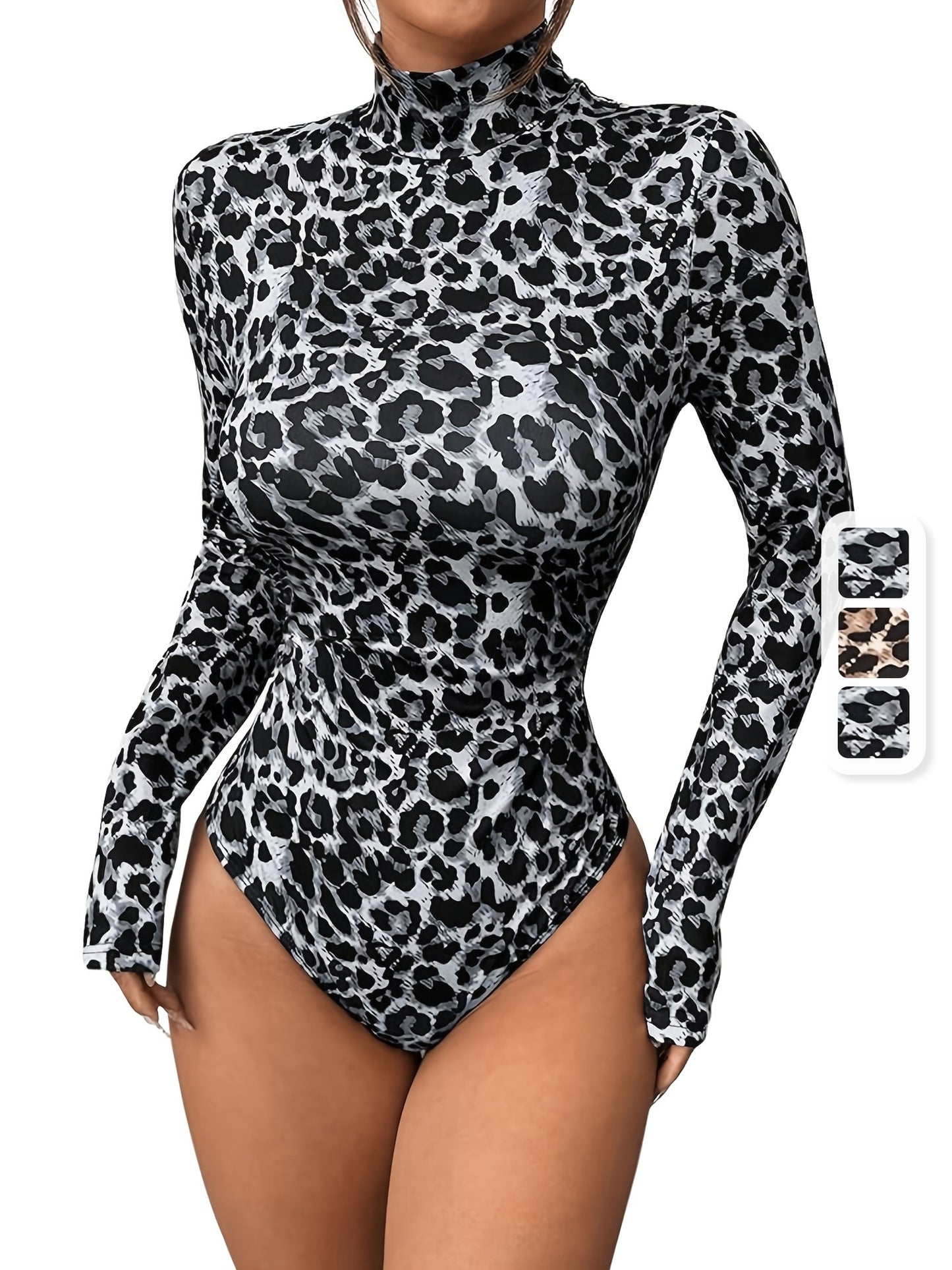 Body femme imprimé léopard – manches longues, col roulé, confortable et ajusté