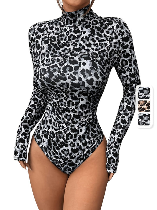 Body femme imprimé léopard – manches longues, col roulé, confortable et ajusté