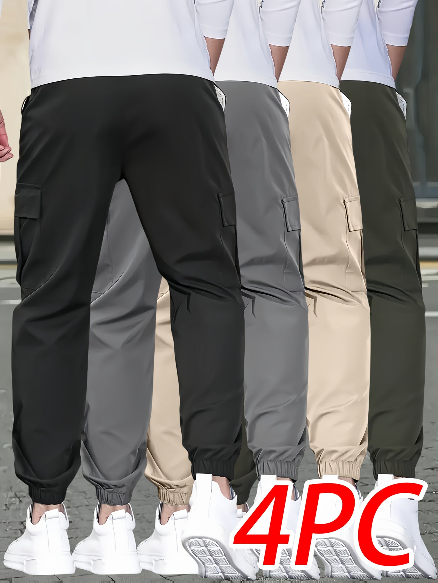 4pcs Pantalons Cargo Homme – Loose Fit, Cordon, Multipoches, Teal/Noir/Gris/Beige, Casual & Outdoor