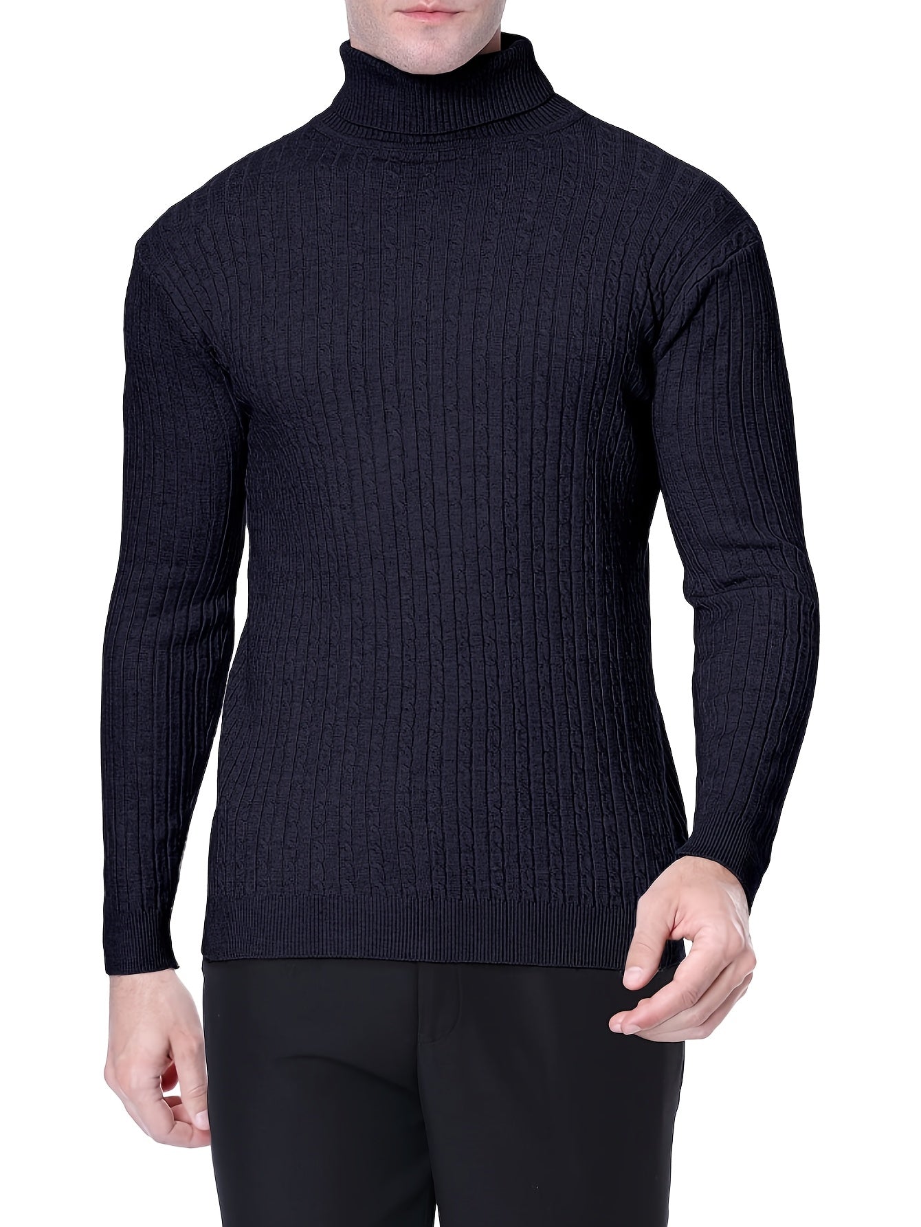 Men's Casual Turtleneck Sweater - Long Sleeve Stretch Knit Pullover, Regular Fit Solid Color Golf & Party Wear, Autumn Winter Wardrobe Essential, Winter Apparel, Academic Style, Ribbed Texture, Cold Weather Clothing, Classic