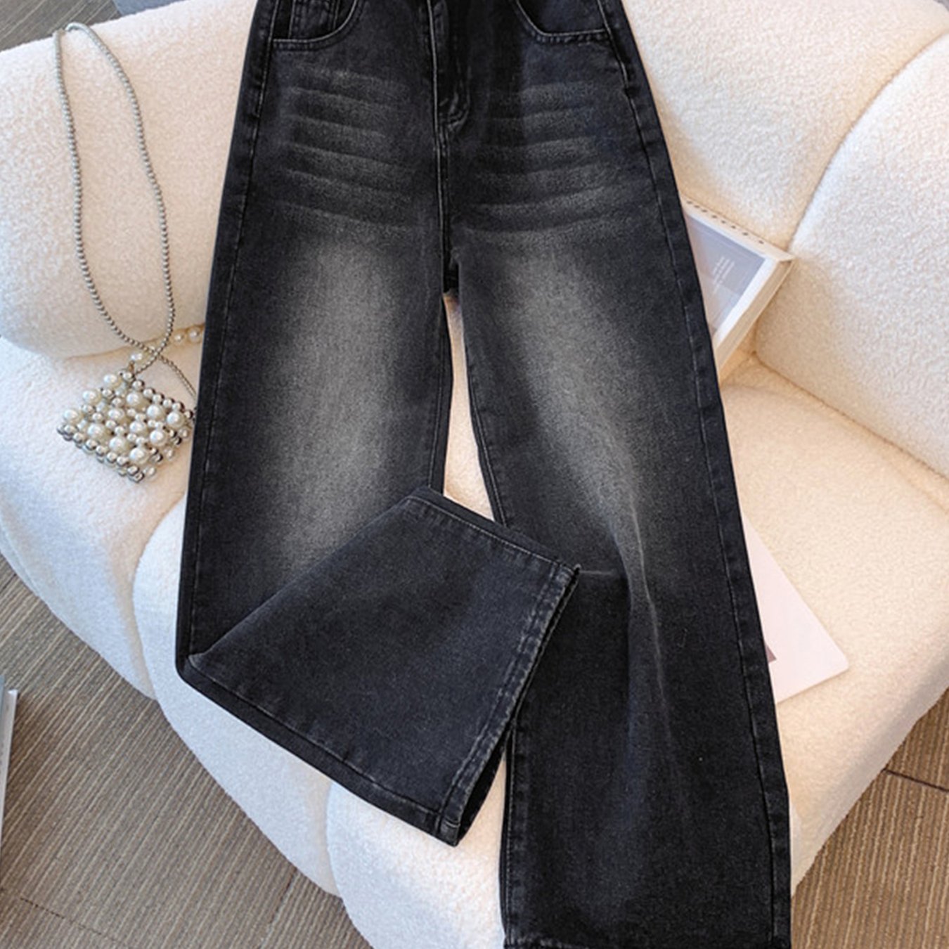 Pantalon Femme Denim Boutons et Zippé Coupe Classique Ample Taille Haute Printemps/Été Décontracté Extérieur