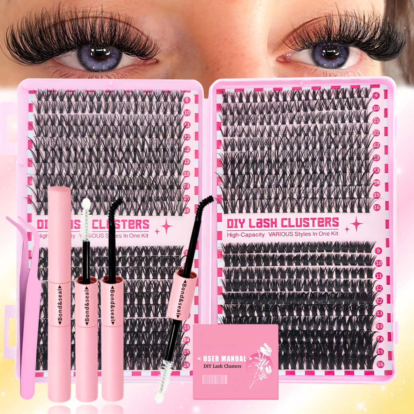 Kit d’Extensions de Cils DIY – 800 Touffes, 30D-80D, Courbure D, Longueurs Mixtes 9-16 mm, Effet Volumineux et Épais Style Cosplay, Réutilisable avec Colle, Idéal Débutants