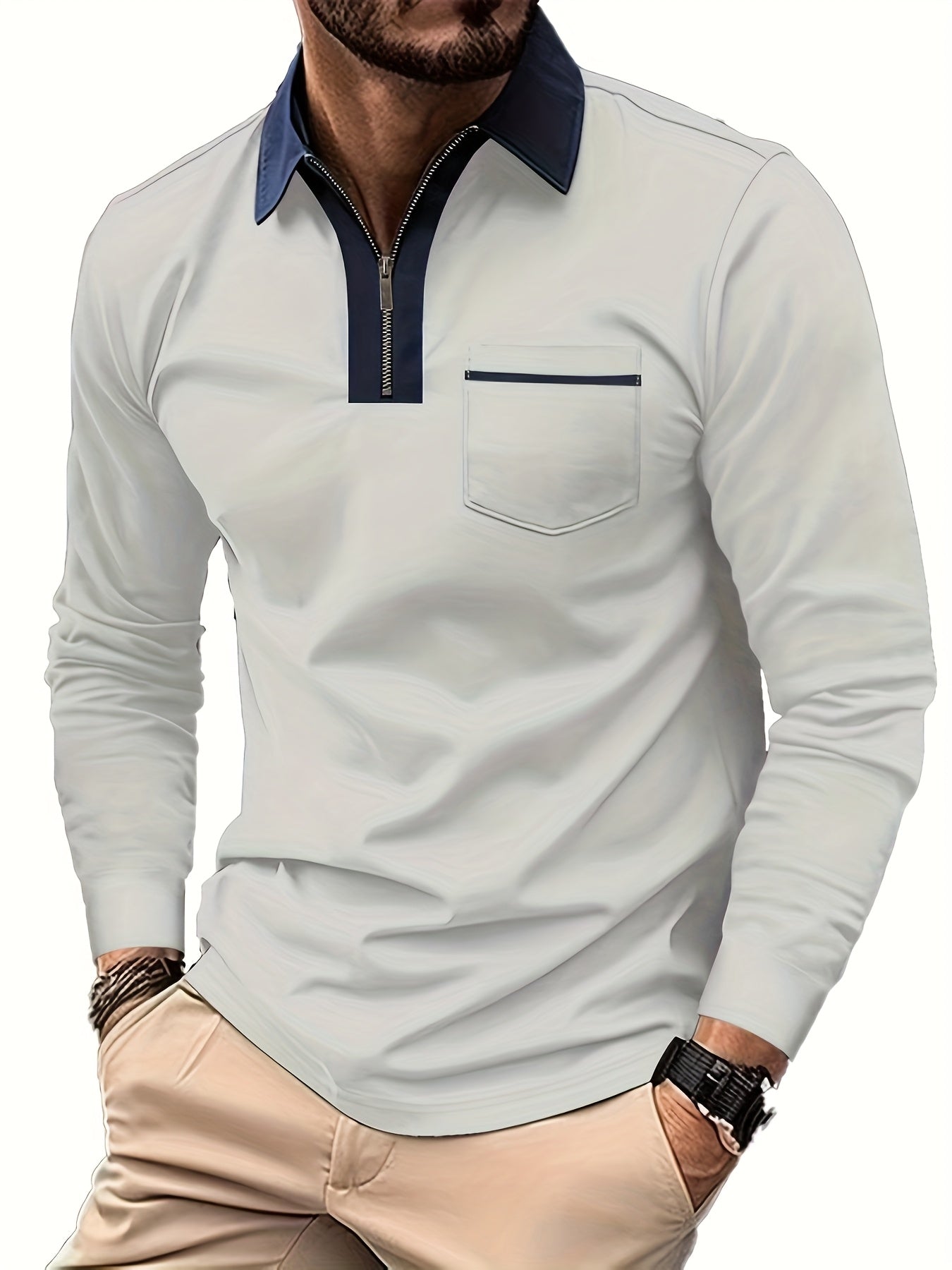 Men'S Light Blue Long Sleeve Polo Shirt with Zipper Collar & Chest Pocket - Casual Button-Up Shirt for Spring/Fall, Regular Fit, Solid Color, Spring Fall Apparel | Zipper Collar Shirt | Slight Stretch Fabric