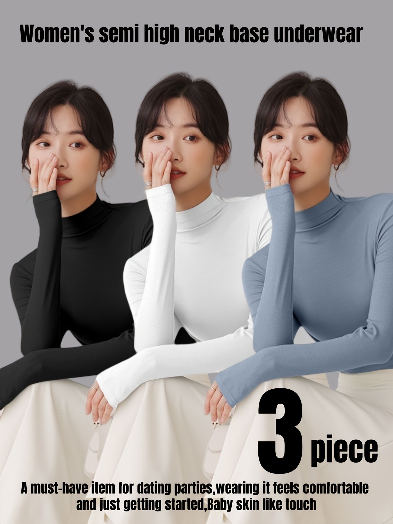 Lot de 3 sous-vêtements thermiques slim, manches longues, col montant, pour femmes, automne et hiver