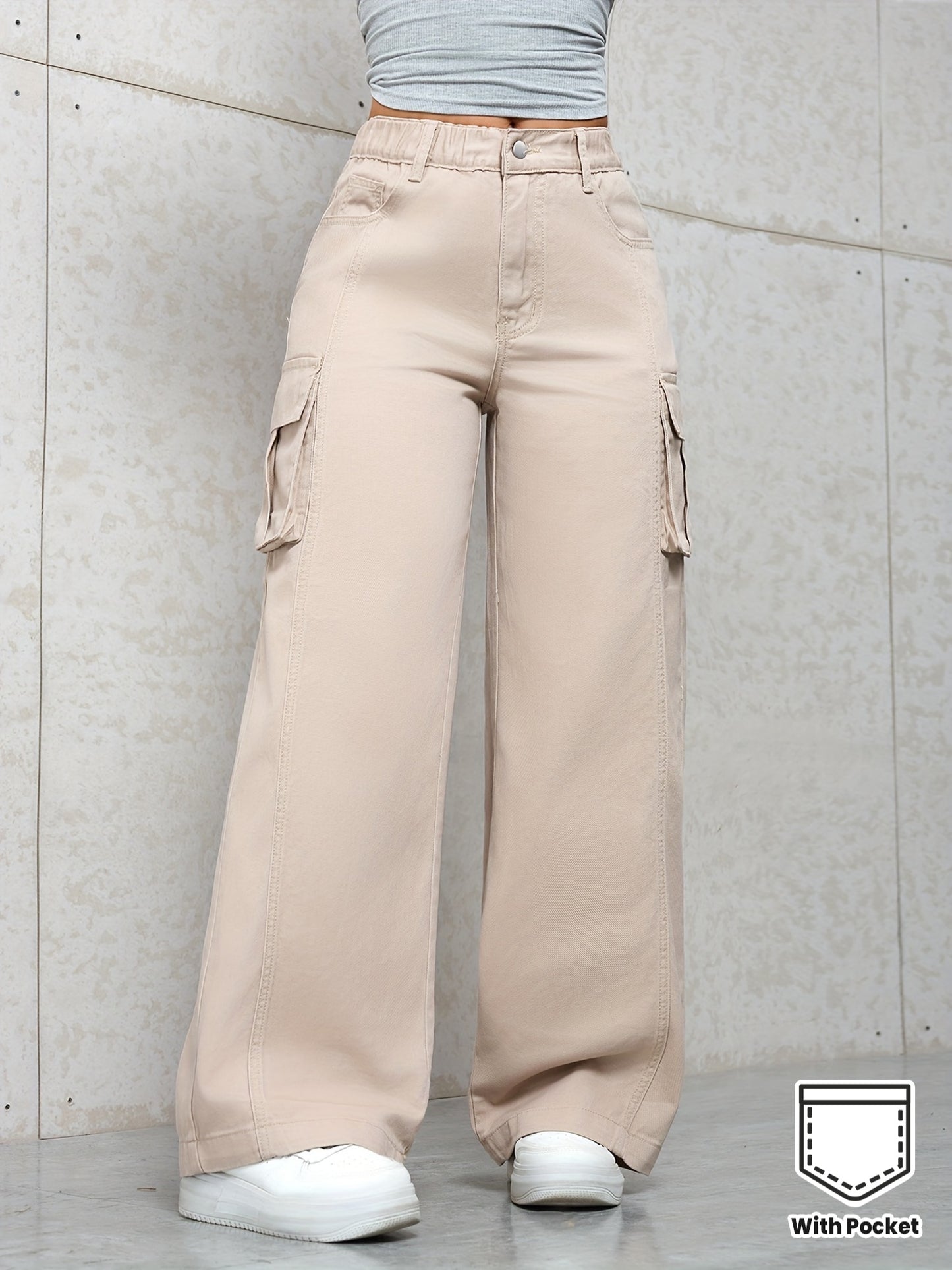 Pantalon Cargo Femme Beige – Taille Élastique avec Poches Multiples et Ceinture