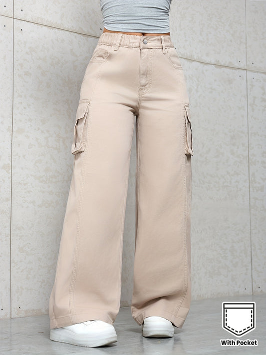 Pantalon Cargo Femme Beige – Taille Élastique avec Poches Multiples et Ceinture