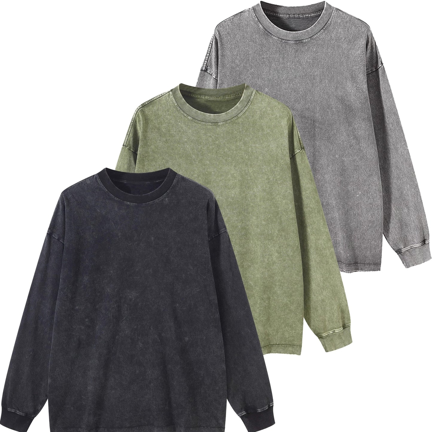 Lot de 3 t-shirts unisexes printemps/automne/hiver – manches longues, col rond côtelé, 240 g, coton pur lourd, style vintage usé délavé, tendance pour couples, nouveau