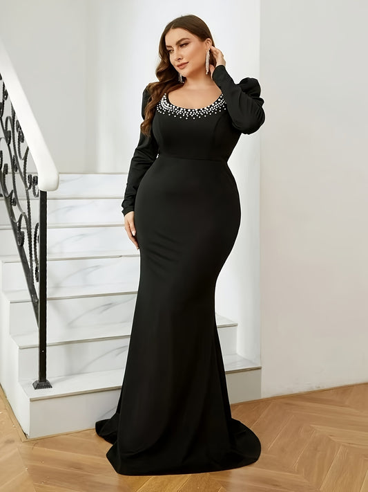 Plus Size - Elegant Plus Size Long Sleeve Evening Gown with Heavy Beading | Scoop Neck, Solid Color, All-season Wear