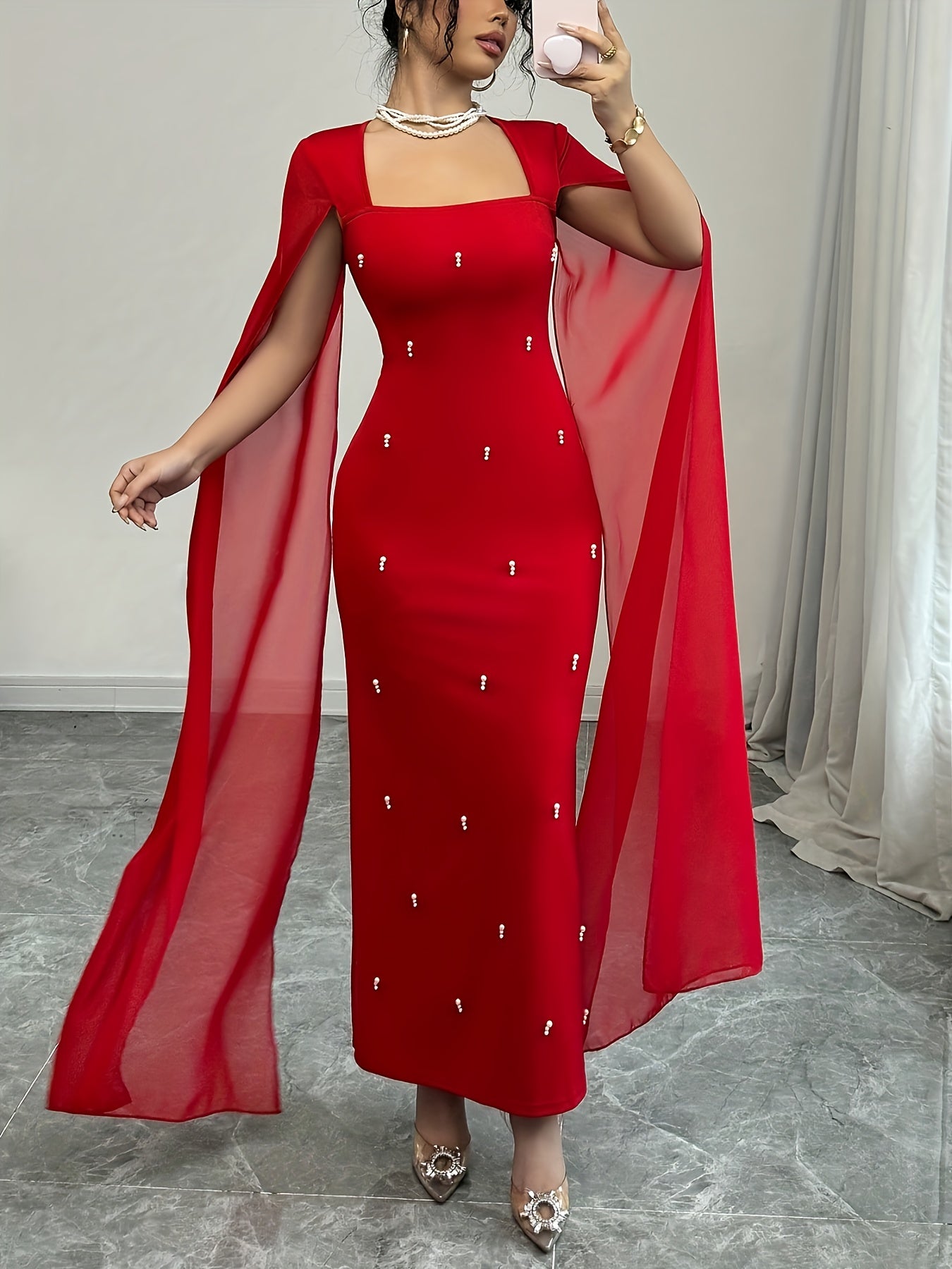 Elegant Everyday Party Fitted Shawl Collar Chiffon Sheer Stretchy Red Women'S Dress - Long Mermaid Gown for Spring And Summer