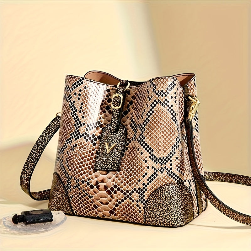 Sac à Épaule Élégant Femme – Imprimé Serpent Marron et Beige, Fermoir Rond Métallique Stylé, Poches Zippées, Bandoulière Amovible, Doublure Polyester, Accessoire Mode | Design Imprimé Serpent | Fermeture Zippée