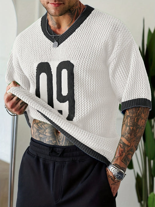 Men's Street Style Contrast Color V-Neck Numeral Print Raglan Knitted Pullover Men Jersey Knit Top Men Men Vacation Men Knit Tops Men Jersey
