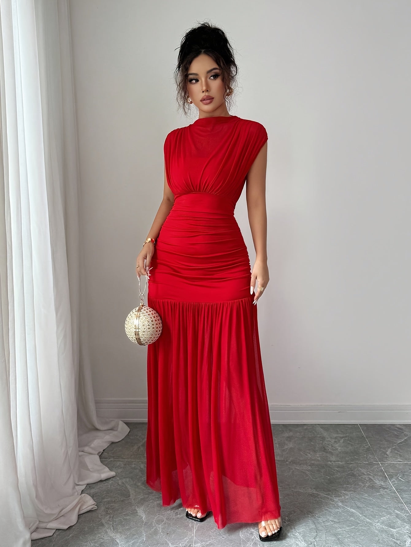 Robe Femme Élégante Sirène — Col Haut, Coupe A-Line Longue, Dos en Tulle Transparent, Robe Extensible Rouge pour Mariages, Soirées et Prom, Lavable en Machine, Tenue Formelle pour Femmes