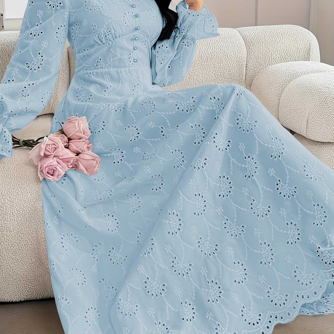 Women'S French Embroidered Stand Collar Puff Sleeve Dress Featuring a Ruffled Design, Suitable for Dates, Vacations, Parties, And Everyday Commuting.