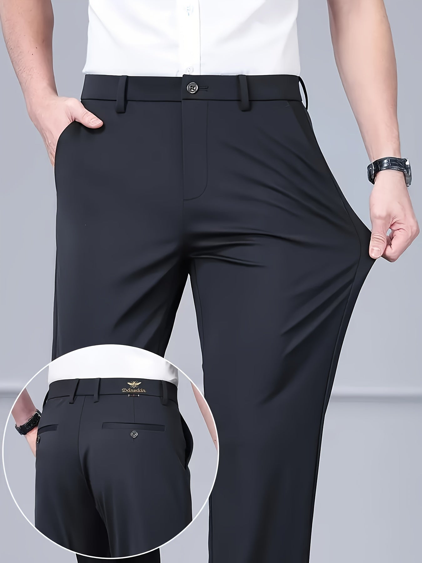 Pantalon homme anti‑froissement avec motif abeille – Pantalon formel et casual toutes saisons, tissu très extensible, fermeture zippée, emblème abeille doré, coupe mi‑haute ample, idéal bureau, golf, mariages (pas de nettoyage à sec)