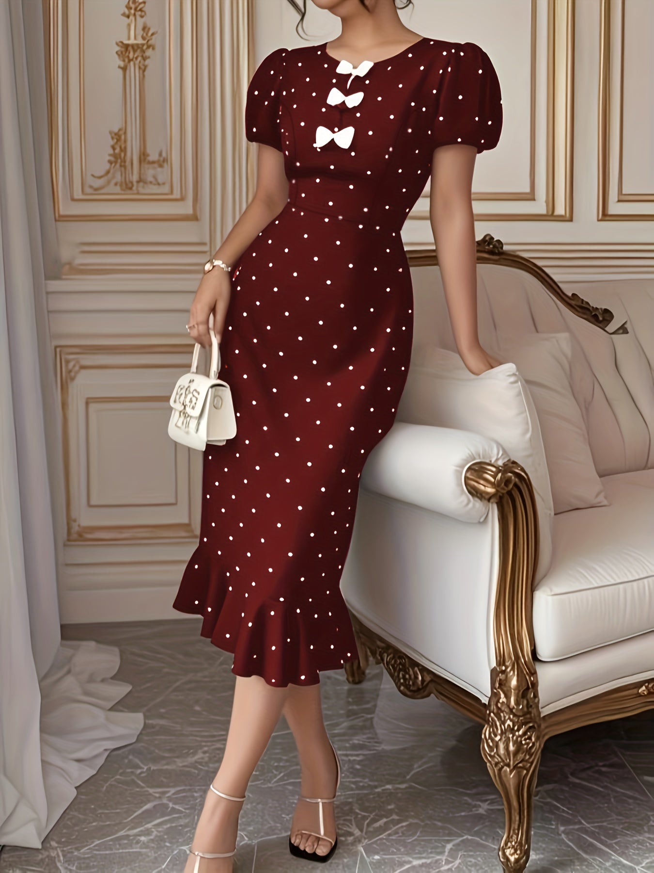 The Elegant Dress with Lantern Sleeves, a Bow, And Ruffled Polka Dot Print Is Perfect for Spring And Summer.